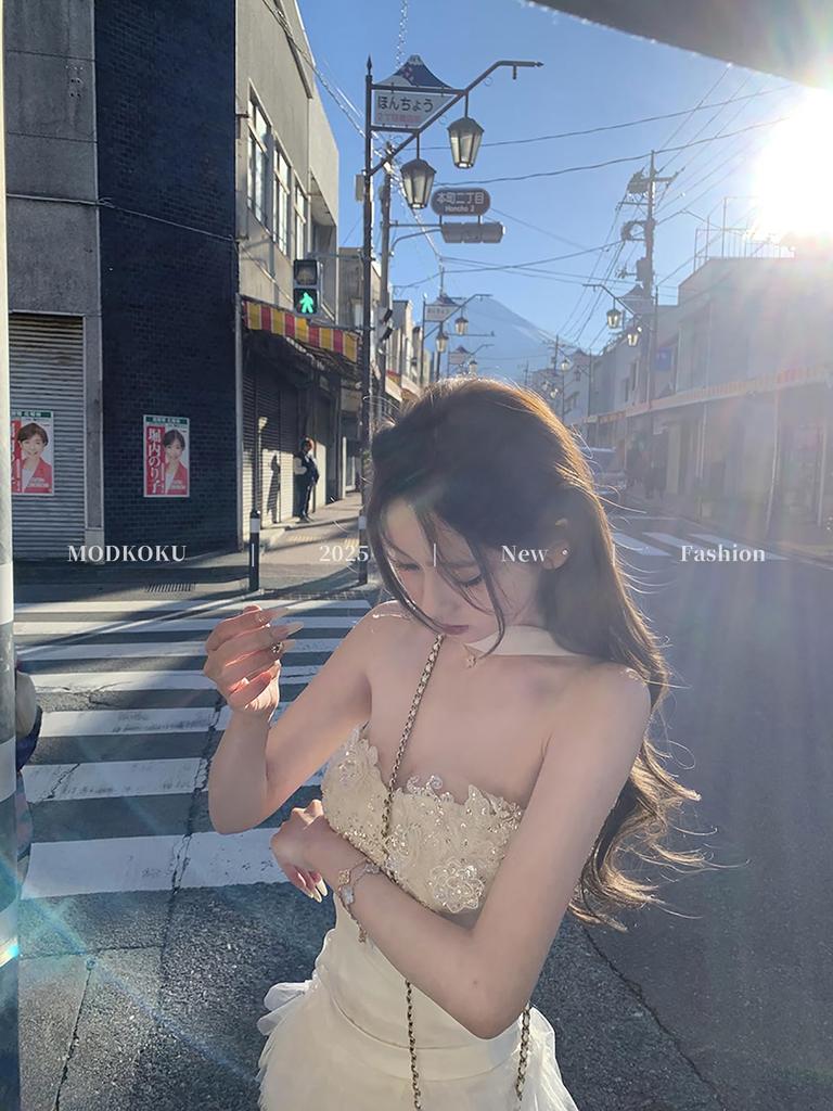 Tulle Princess Embroidered Lace Floral French Elegant Mini Size L [MODKOKU] Korean-style Dress, Women's, Gorgeous, Cute, Sexy, Off-the-Shoulder Dress,