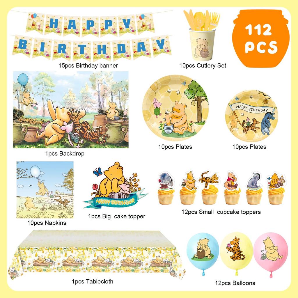 112pcs Cartoon the Birthday Party Decorations Tableware Set - Balloons Backdrop Banners Cups Cake Toppers Napkins etc Party Decorations