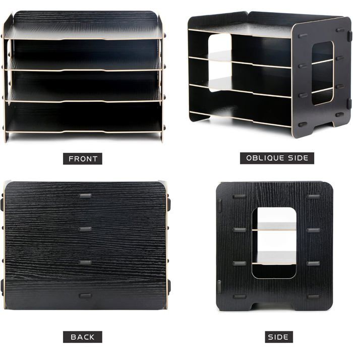 EXERZ Organiseur de fichiers en bois 4 niveaux pour bureau, fournitures, devoirs, documents, lettres, magazines – Couleur noire