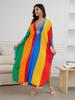 EDOLYNSA Flag Color Printed Boho Hand-knit V Neck Bat Sleeve Beach Dress 2024 Summer Women Loose Kaftan Beachwear Swimsuit Cover Up