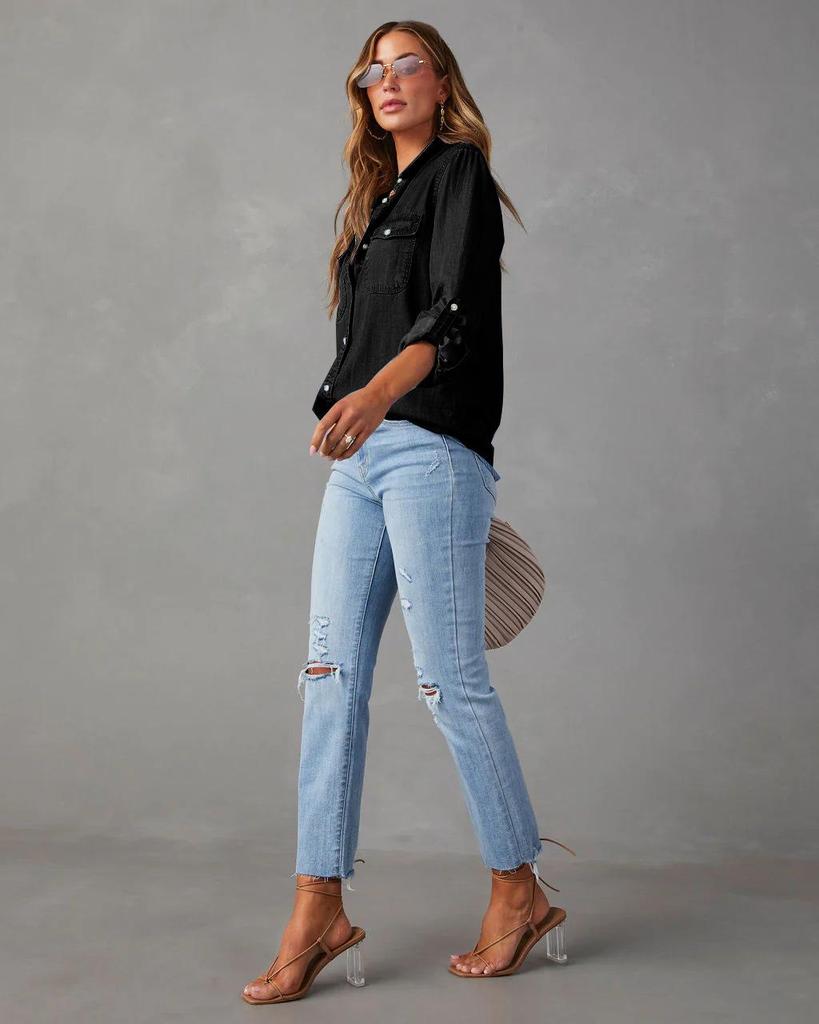 Women's Long-Sleeve Denim Shirt - Casual European & American Style, Autumn, Lapel, Single-Breasted