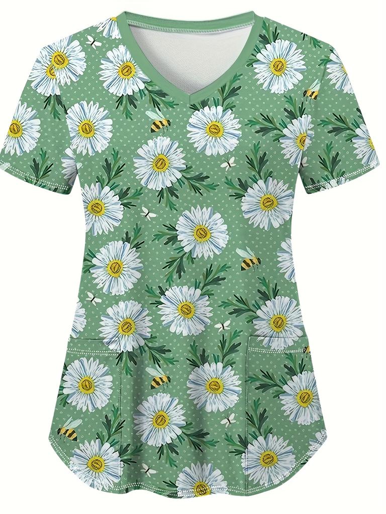 Chirurgische Uniformen Damen Mode Blumendruck Komfort Zahnarzthelferin Oberteile Lässig V-Ausschnitt Kurzarm Tierarzt Spa Krankenschwester Uniform Damen