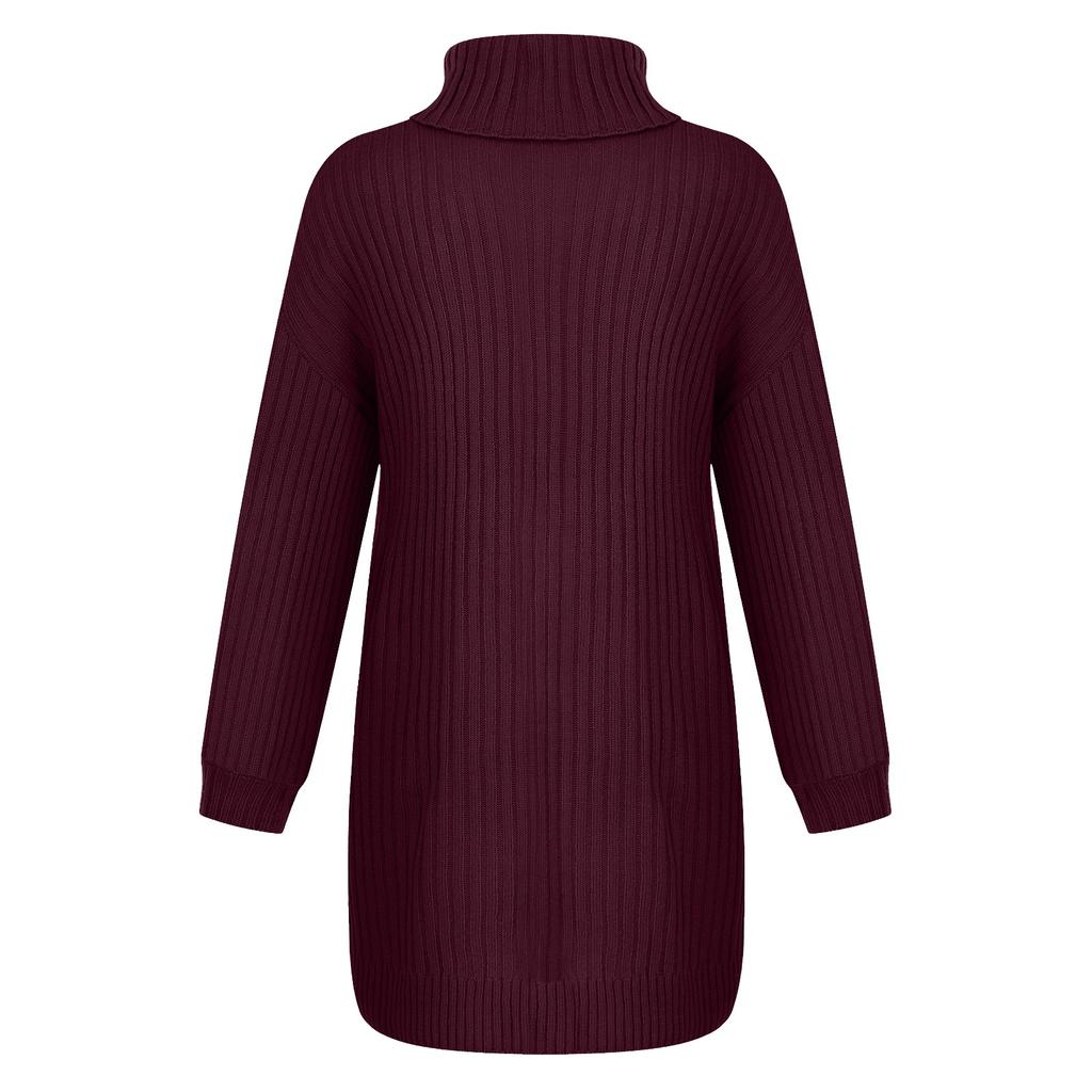 Dames genser med høy hals, middels lengde, løs pullover, lange ermer, farge, strikket underdel