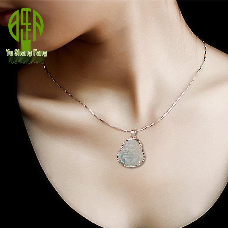 S925 Sterling Silver Jadeite Maitreya Buddha Pendant Necklace - Smiling Face Jade Buddha