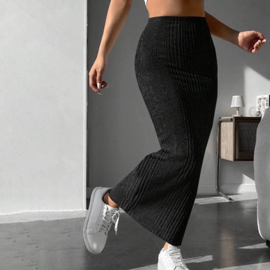 Women Fall Winter Skirt High Waist Knitted Elastic Thick Warm Ankle Length Striped Slim Fit Soft Sheath Lady Maxi Skirt