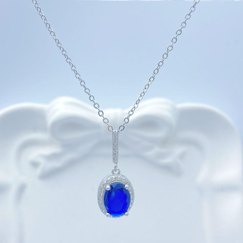 S925 Sterling Silver Oval Necklace with Blue Zircon – Women’s Elegant, Versatile, and Fashionable Design 925 Sterling Silver