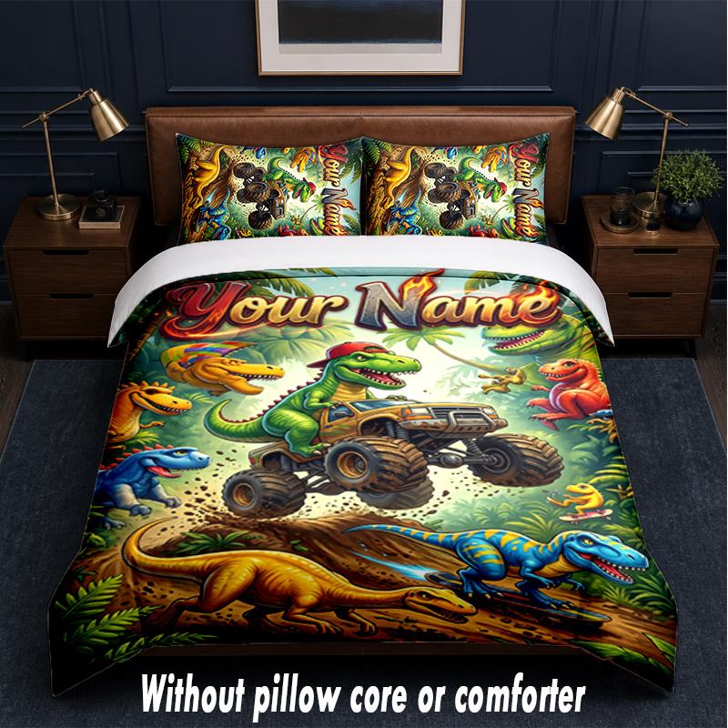 Monster Truck Theme Custom Text Or Name 3Pcs Bedding Set,1 Flat Sheet & 2 Pillowcases Personalized Home Bedding