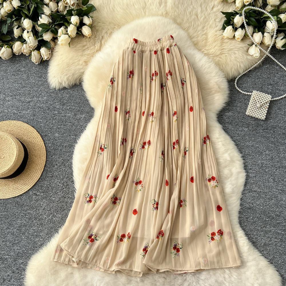 Women's High Waist Floral Chiffon Pleated Maxi Skirt A-Line Flowy Skirt for Summer Daily Wear