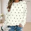 Women Plus Size Polka Dot Printed Round Neck Long Sleeve Ribbed Cuffs White Pullover Sweatshirt
