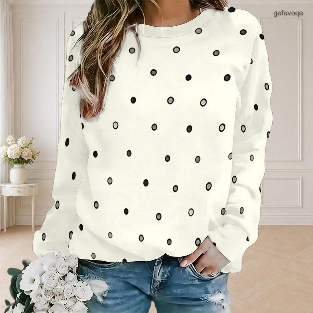 Women Plus Size Polka Dot Printed Round Neck Long Sleeve Ribbed Cuffs White Pullover Sweatshirt
