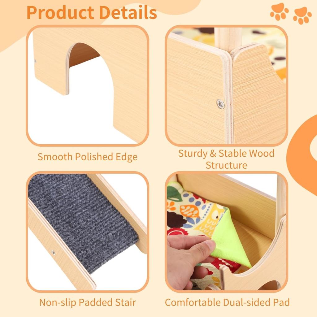 Large Wooden Guinea Pig Hideout, 2-Tier House with Non-Slip Stairs & Cushioned Pads