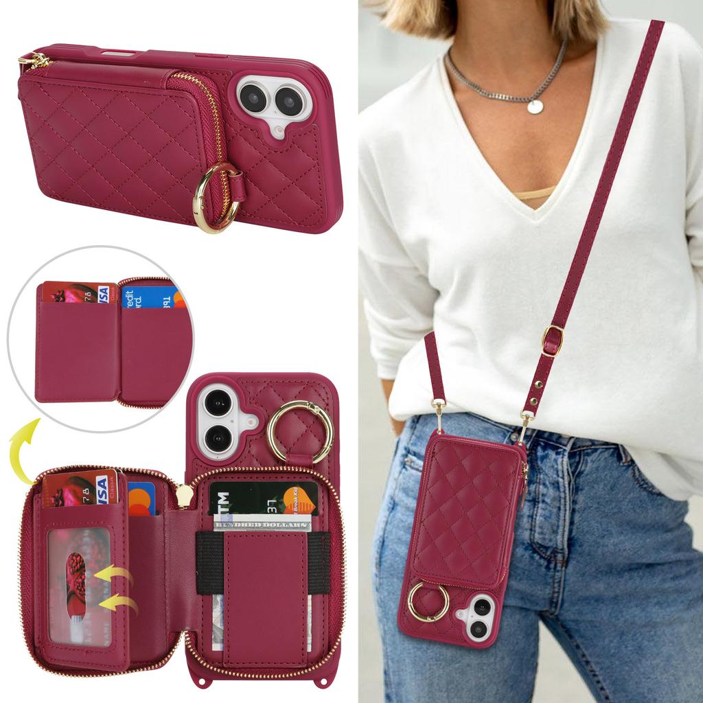 Applicable to iPhone17 leather case 16Pro small fragrant wind rhombus zipper bag ring oblique span protective case 15plus case