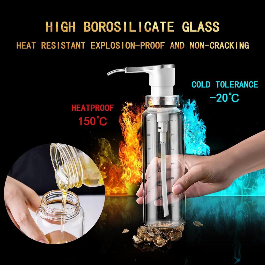 Sauce Pump Dispensers, Coffee Syrup Dispenser, 4 x 500ml Glass Bottle with Stainless Steel Pumps, Leak-Proof, Food Grade Pumps for Honey, Syrups, Oil,