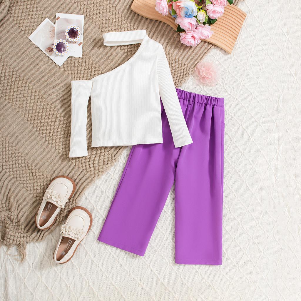 Mädchenmode-Set Frühling und Herbst Kinder Freizeit Schulterfrei, Nackenband, Langarm und Lange Hose Zweiteiliges Set