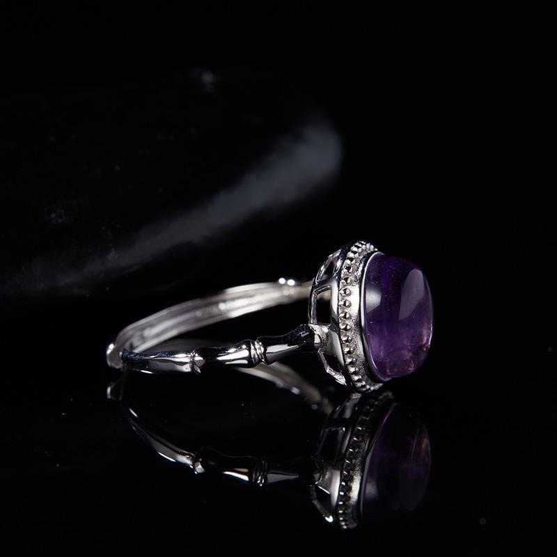 S925 Sterling Silver Natural Color Treasure Amethyst Ring Female Bamboo Design Fashionable And Versatile, Adjustable And Non-Fading