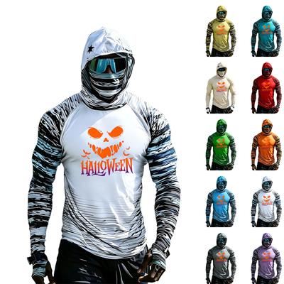 Men's Casual Raglan Color-Block Hooded Long Sleeve Sun T-Shirt with Halloween Print (Sunglasses Not Included)