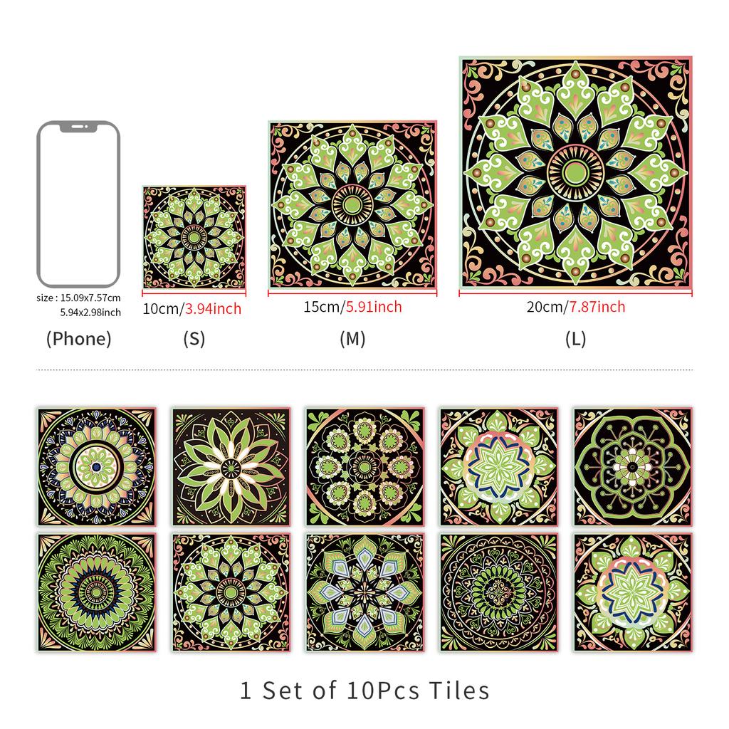 10 Pieces Of Mandala Flower Brick Self-Adhesive Wall Sticker Waterproof Oil-Proof Kitchen Living Room Wall Decoration European Crystal Tile Sticker