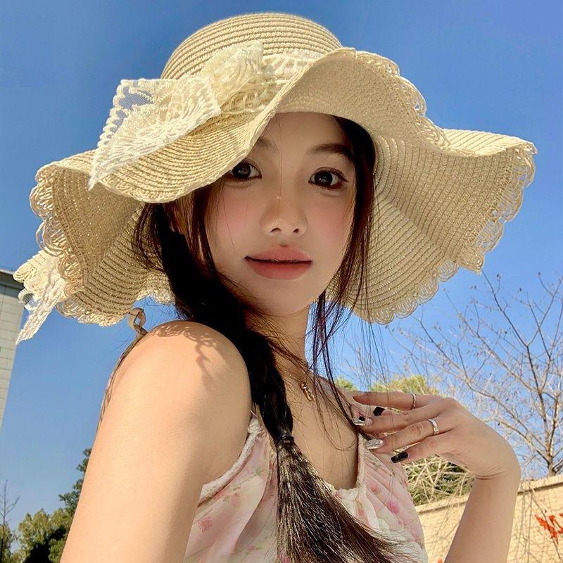 Lace straw hat women's summer bow large brim sunshade sun hat seaside vacation beach sun hat