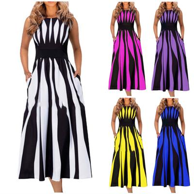 Women's Summer Fashion Casual Striped Printed Temperament Dress Crewneck Closed Waist Slimming Sleeveless Skirt