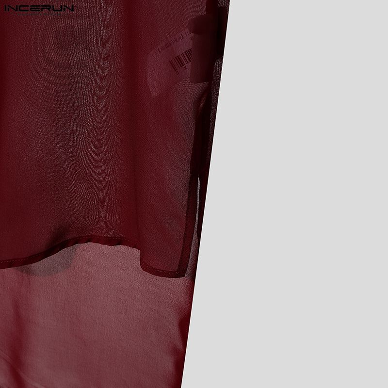 INCERUN Men O Neck Sleeveless See Through Irregular Mesh Sheer Long Tank Tops