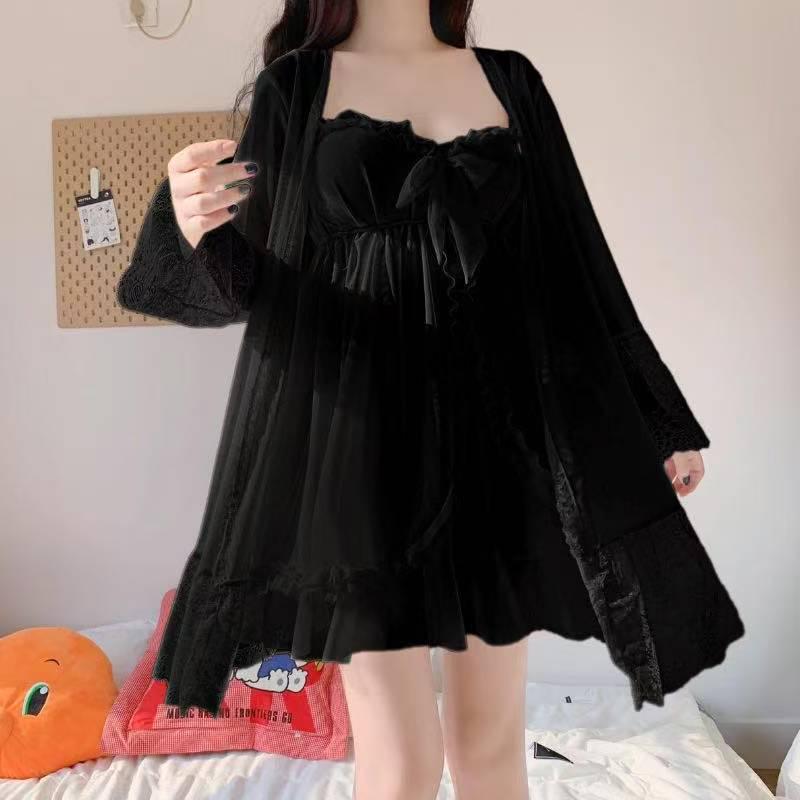 Set dulce de pijama din dantelă pentru femei, stil curte: Cămașă de noapte largă, cu bretele spaghetti, pentru primăvară/vară/toamnă – Pijama coreeană din două piese