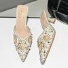 Fashion Luxury String Bead Decoration Design Brand High Heel Slippers Women Shiny Rhinestone Slide Sandals Elegant Wedding Bridal Shoes
