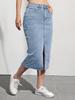 Puffanpop Women's High Waisted Stretchy Denim Midi Skirt - Light Wash Split Front Casual Summer Skirt for Women
