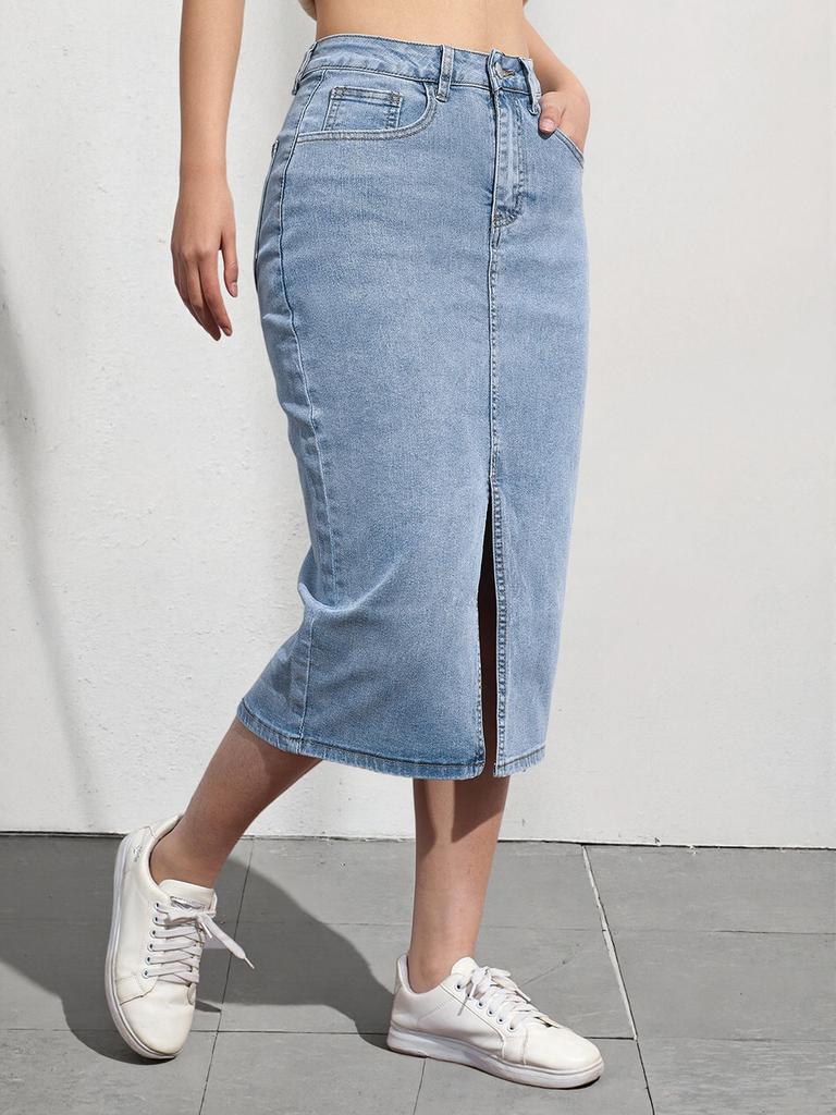 Puffanpop Women's High Waisted Stretchy Denim Midi Skirt - Light Wash Split Front Casual Summer Skirt for Women