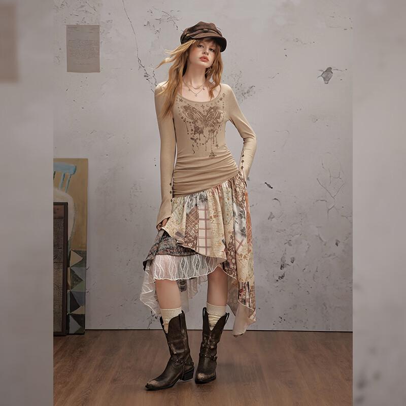 UNIFREE 2025 Fall Retro Print Patchwork Long Dress