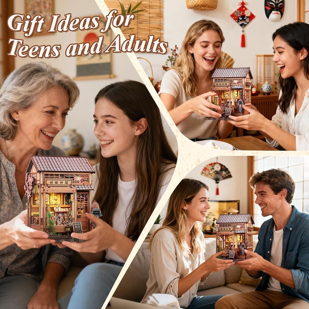 CuteBee Book Nook Kit Miniature Dollhouse Wooden Puzzle with LED Light 3D Bookend for Beginners and Students