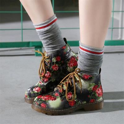 Bottines à talons bas pour femmes, chaussures plates à fleurs, Oxfords, bottines de moto à lacets, automne