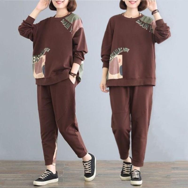 Plus Size Women's Suit Covers Big Belly and Fat Spring and Autumn Fashion Loose Long-sleeved Casual Two-piece Set