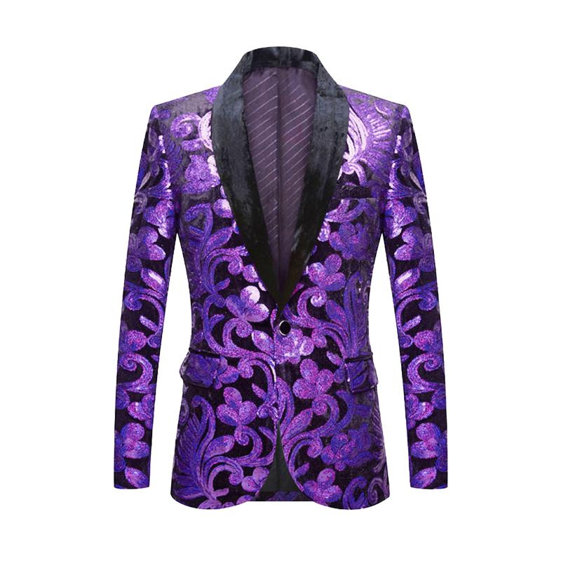 PYJTRL Mens Fashion Shiny Sequin Floral Pattern Suit Jacket Blazer