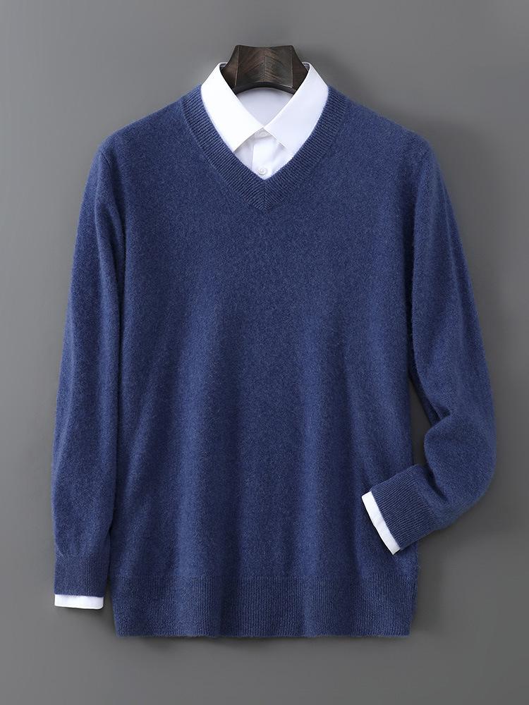 Men’s Pure Wool V-neck Pullover - Casual Loose Knitwear for Autumn/Winter