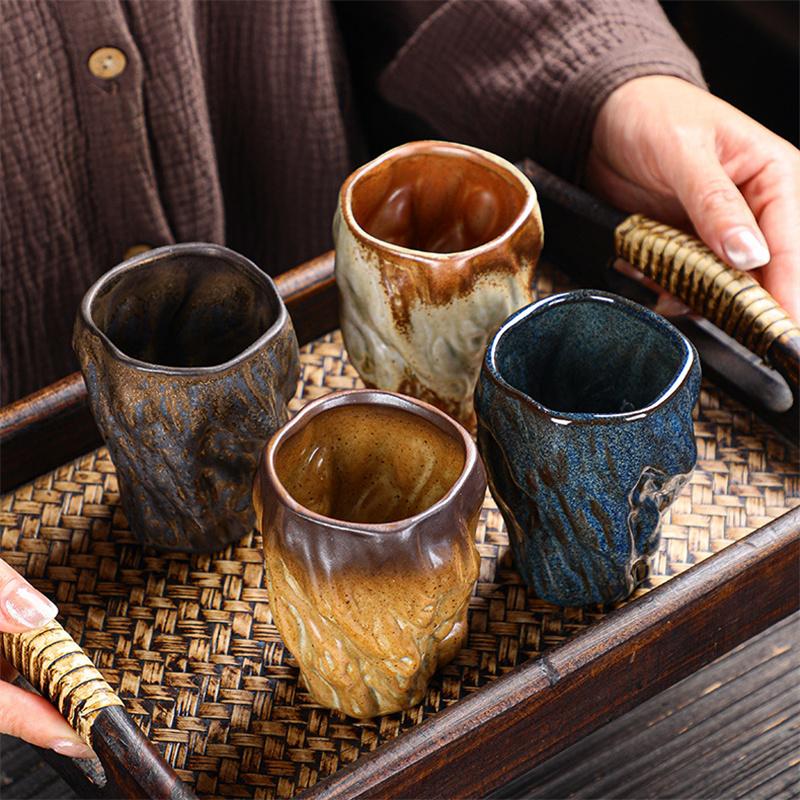 150ml Japoński Imitacja Młotkowanej Ceramiki Nieregularny Kubek do Kawy Vintage Ceramiczny Kubek Mistrzowski Zestaw do Herbaty Kung Fu Filiżanka Naczynia do Picia