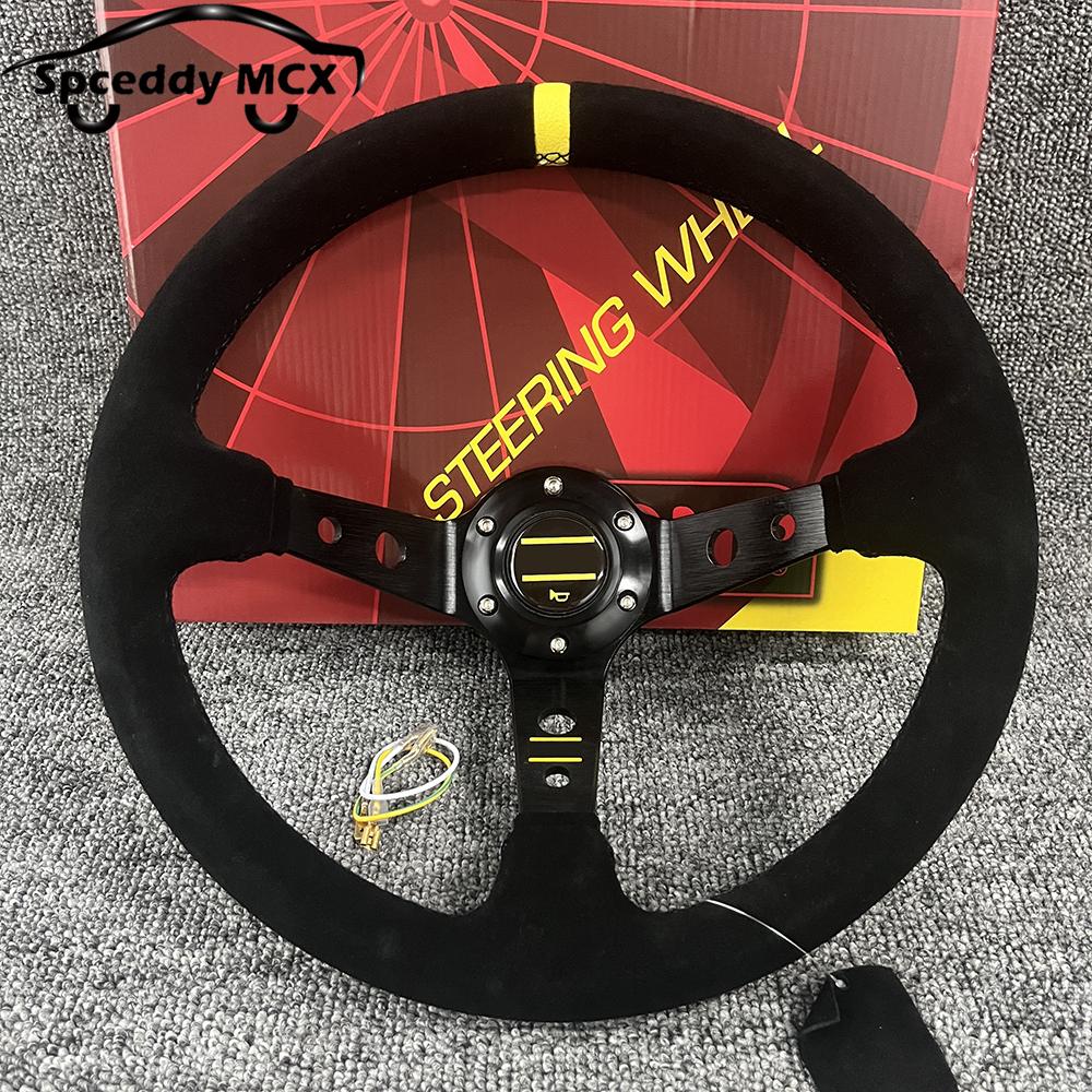 Universal 350mm Racing Steering Wheel Suede 14inch Deep Dish Bolts With Horn Button Include Aluminum Ring For VW HONDA BMW Ford