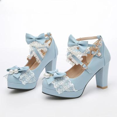 Korsrem Kvinnor Högklackar Mary Jane Pumps Fest Bröllop Cosplay Vit Rosa Svart Jordgubbsrosett Prinsessa Cosplay Lolita Skor