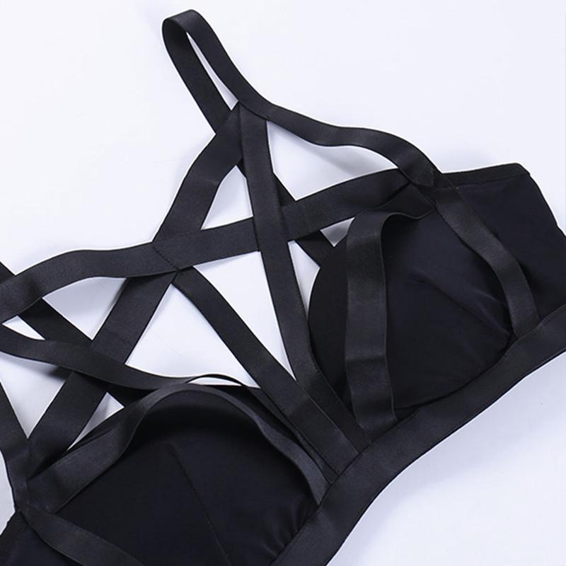 Gothic Club Sexy Summer Skirt Set Women Sleeveless Black Corset Crop Top Bandage Underpants Mesh Split Skirt 3pcs Sets
