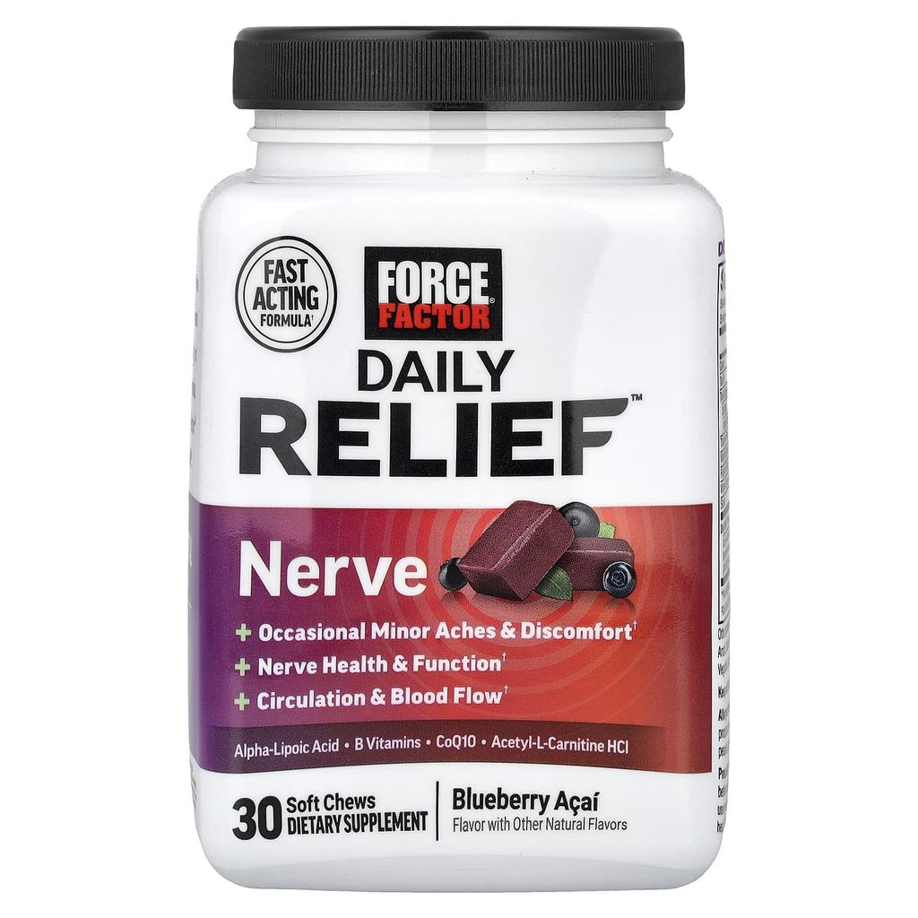 Force Factor Daily Relief™, Nerve, Blueberry Acai, Soft Chews, 30 Chews