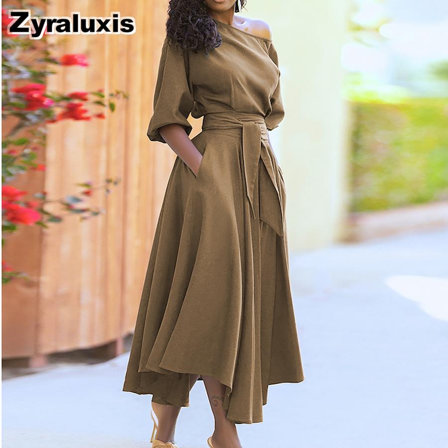 Spring New Women s Dresses Wish Imported Long Dress with Tie Waist and Slanted Shoulder S хаки