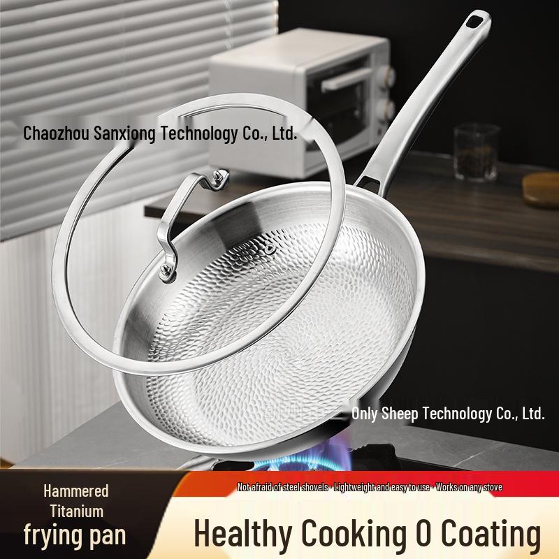 Titanium Dragon Scale Hammer Pattern Flat Bottom Wok with Square Handle, No Coating, Less Oil Smoke, Stainless Steel Steak Frying Pan.