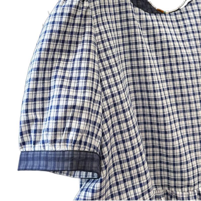 2025 Sommer Koreanisches Leichter Luxus Retro Karomuster Rundhalsausschnitt Kurzarm Locker Puppenoberteil für Damen