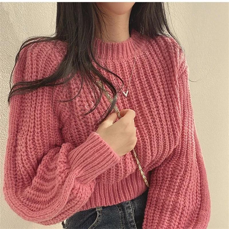 

Spring and Autumn Loose Vintage Harajuku Lantern Long Sleeve Women Sweater Knitwear Soft Warm Tops Chic Solid Femme Sweater XS рожевий