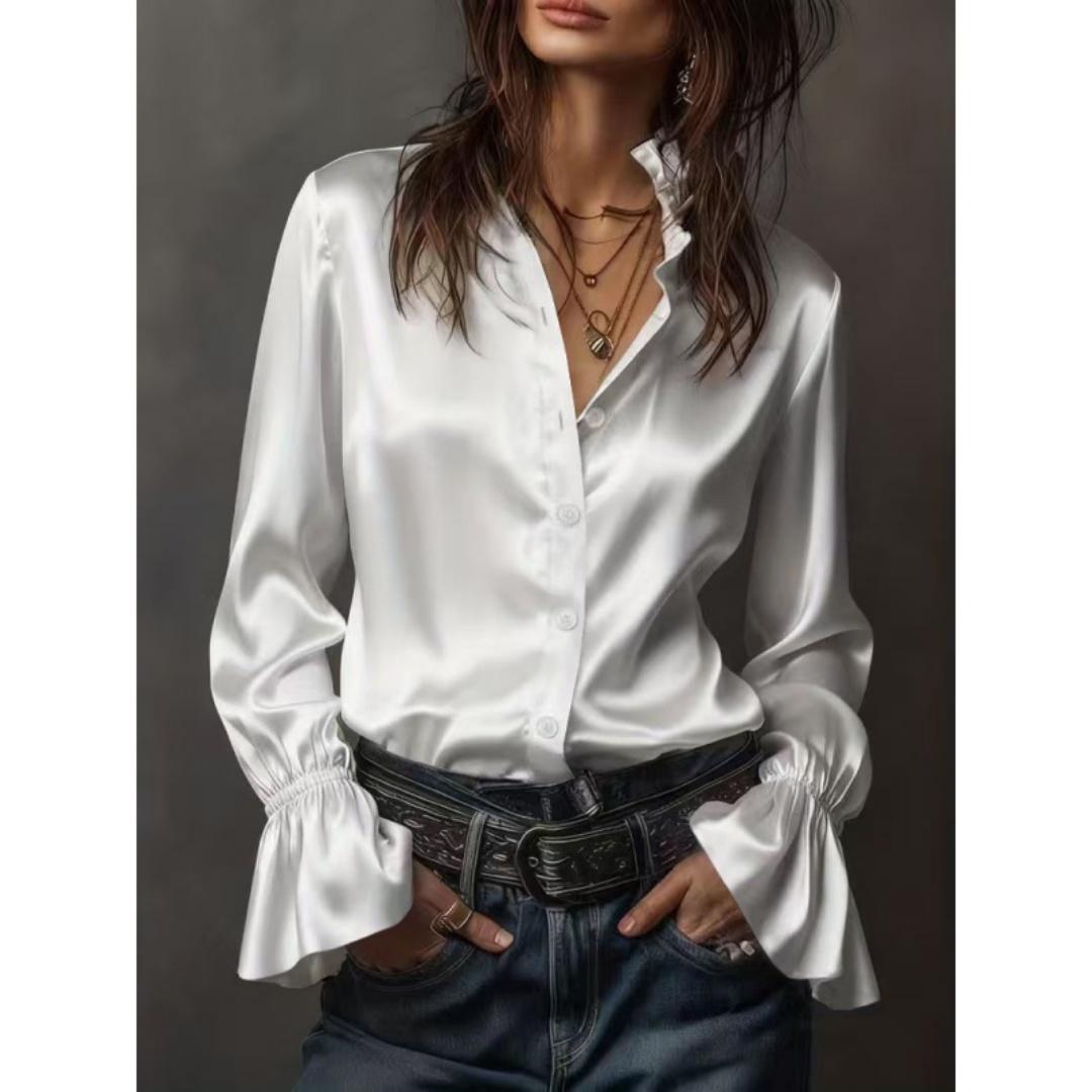 Элегантная однотонная атласная блузка с длинными рукавами-буфами - Офисная профессиональная полиэстеровая женская рубашка S белый