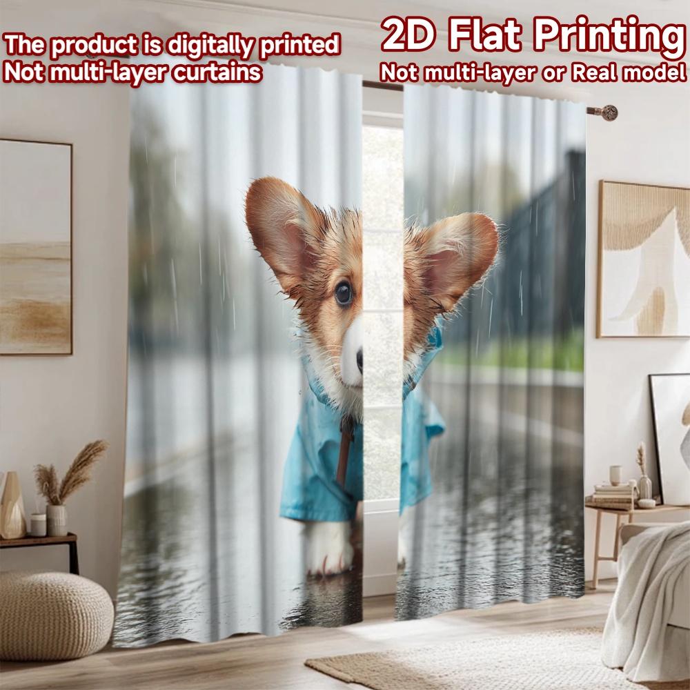 2D flat printing 2pcs Curtains Cute Corgi Dog Raincoat Digital Printed Polyester Drapes Family Party for living room decor for