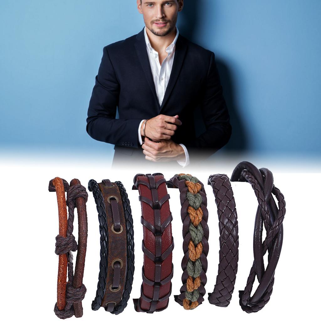 6 Pièces Bracelet en Cuir DIY Tressé à la Main Vintage Multi-Couches Enroulé pour Homme Femme