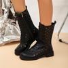 Fashion 2025 Spring New Cool Boots Women's Round Head Hollow Front Lacing Side Zipper Soft Sole Anti-slip Wear-resistant Low Heel Shoes