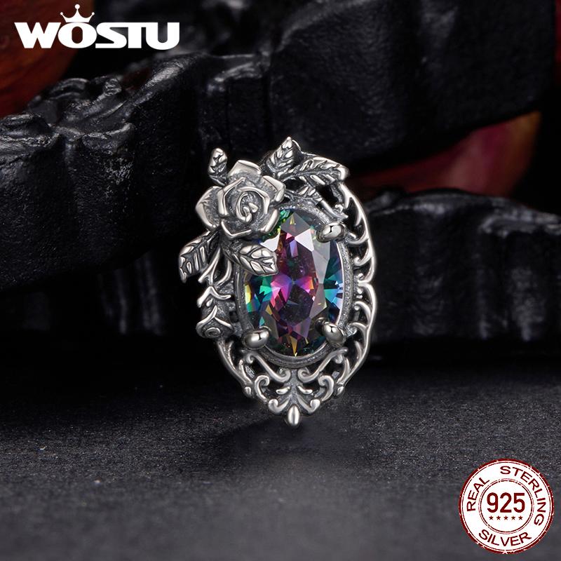 WOSTU 925 Silver Vintage Gothic Black Rose Flower Heart Beads, Retro Pearl Pendant Rainbow Charms Fit DIY Jewelry Make