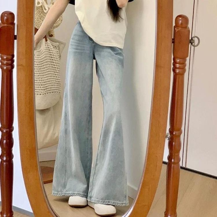 

Светло-голубые расклешенные джинсы женские со средней посадкой, свободного кроя, эластичные джинсовые брюки, повседневные брюки XL синий
