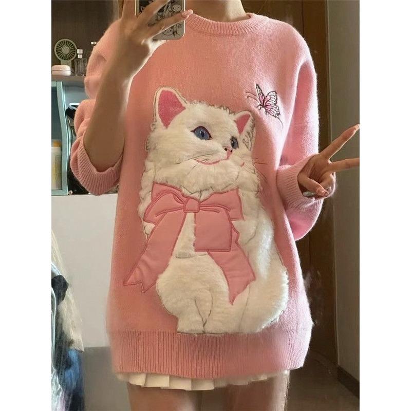 Cat Pattern Women's Sweater Cute Pink Pullover Knitted Sweaters Warm Fashionable Woman Oversized Loose Top